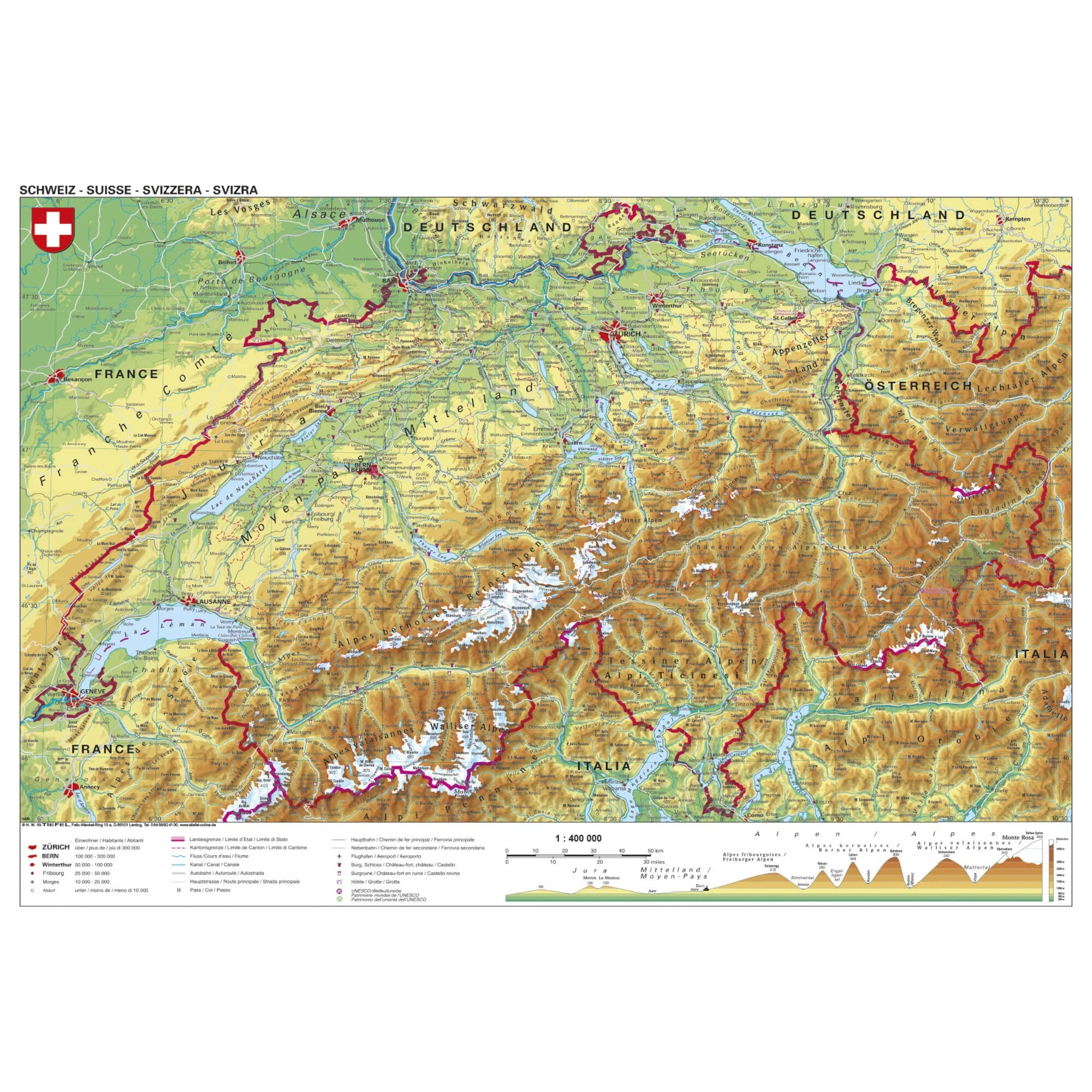 Carte géographique  Suisse physique (98 x 68 cm)